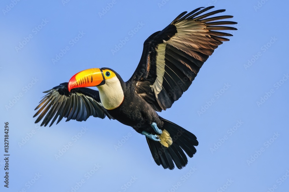 Fototapeta premium Vibrant Toucan in Flight Against a Clear Sky, Showcasing Nature's Beauty and Wildlife