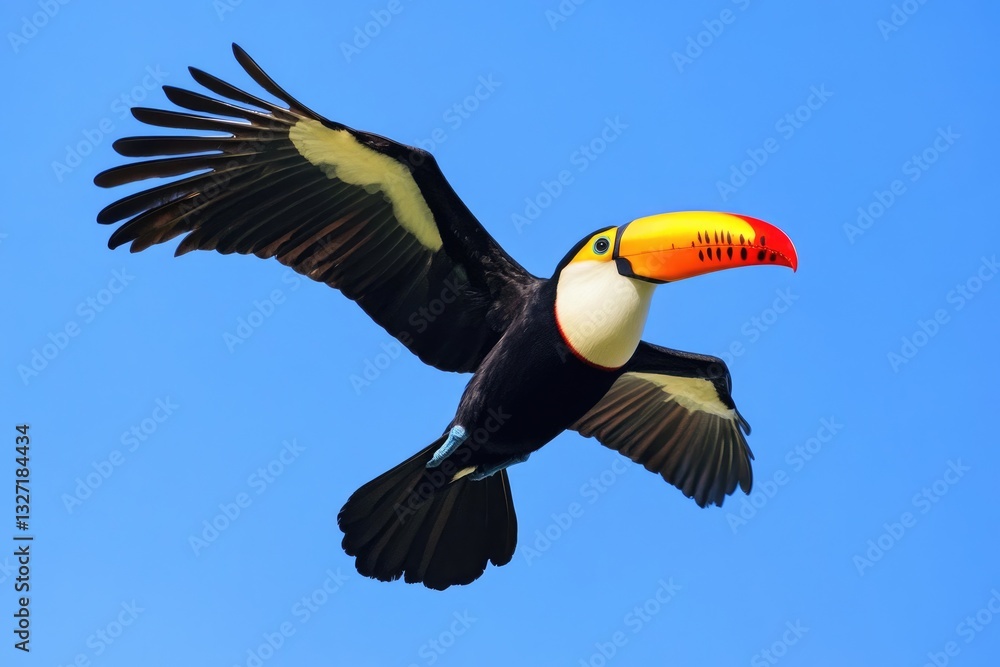 Fototapeta premium Vibrant Toucan Soaring in Clear Blue Skies: A Stunning Display of Nature's Beauty