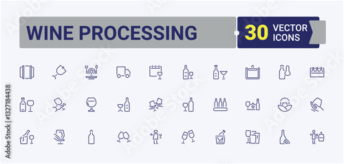 Wine Processing icon collection. Included vineyard, factory, winemaker, making, production, grape, drink and more. Winemaking icon set. Thin linear style icons. Vector icons editable stroke.