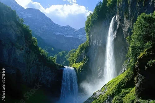 Breathtaking Landscape of Lauterbrunnen Valley on a Sunny Day with Majestic Mountains and Cascading Waterfalls in Switzerland