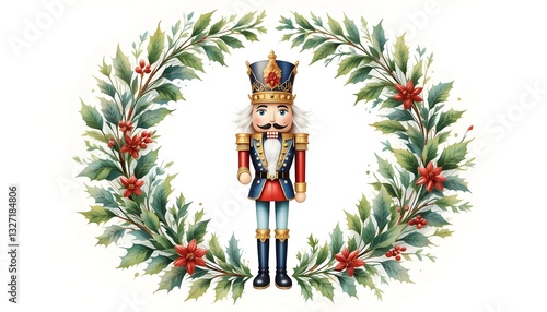 Watercolor Illustration of Nutcracker Surrounded by Holly for Christmas, Celebrating Holiday Traditions, Seasonal Decor, and the Magic of the Nutcracker Ballet in a Festive Winter Wonderland										