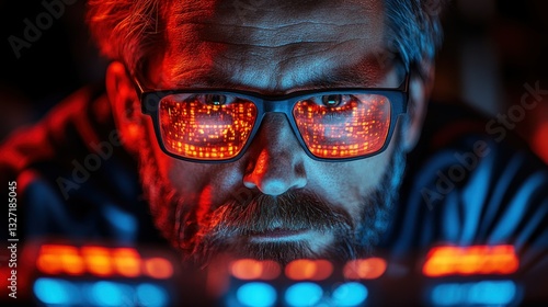 Cyberpunk Hacker Close-Up:  Intense Focus on Digital Data Stream