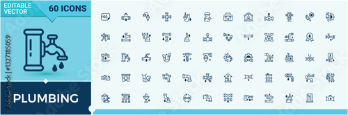 Plumbing icon set. Contains related to plumber, plumb, shower, pipe, leak, water, tube. Sign and Symbol. Plumber line icons. Solid line editable stroke. Vector collection.