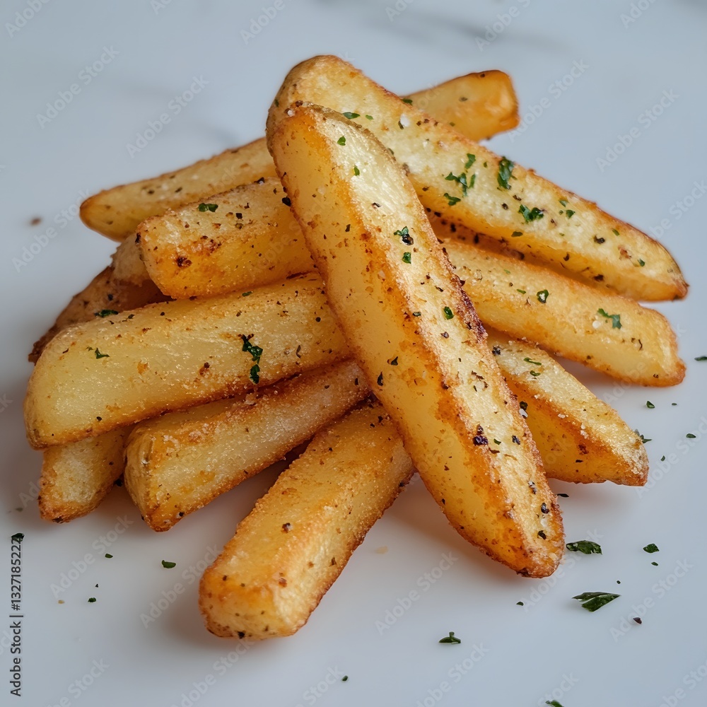 Seasoned fries on marble, restaurant food photography, background blurred Seasoned fries on marble, restaurant food photography, background blurred