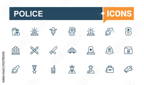 Police icon set. It contains symbols to arrest, office, badge, thief, protect, jail, officer and more. Perfect for logos and infographic. Court icon collection. Trendy minimal icons.
