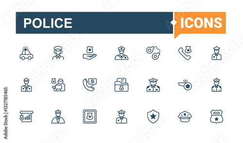 Police icon set. It contains symbols to arrest, office, badge, thief, protect, jail, officer and more. Perfect for logos and infographic. Court icon collection. Trendy minimal icons.