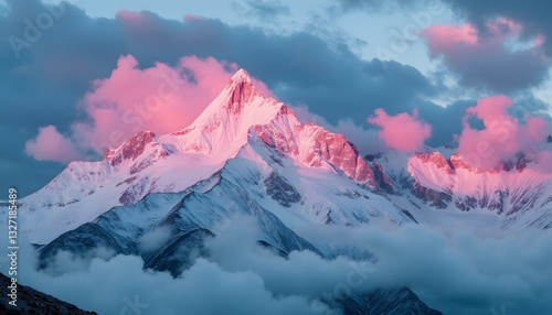 Pink Sunrise Mountain Peak  Snow Capped  Cloudscape