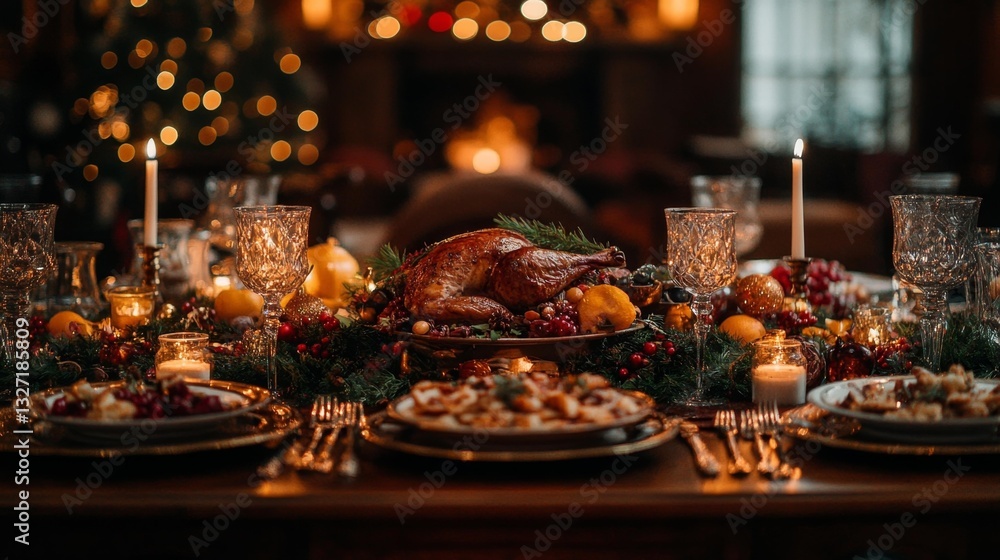 Festive Christmas dinner table with turkey fruits and candles creating a cozy atmosphere. Generative AI Festive Christmas dinner table with turkey fruits and candles creating a cozy atmosphere. Generative AI
