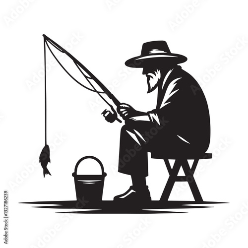 Endless Patience Oldman Fishing silhouette, waiting with wisdom and hope - Fishing illustration - Minimalist Oldman Fishing vector - Dedicated angler
