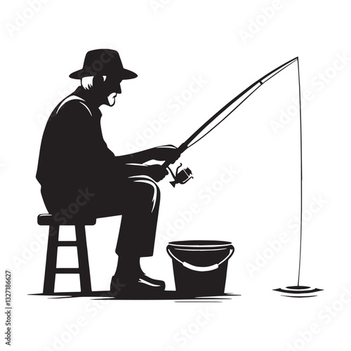 Weathered Hands Oldman Fishing silhouette, reeling in wisdom with every cast - Fishing illustration - Minimalist Oldman Fishing vector - Veteran fisherman
