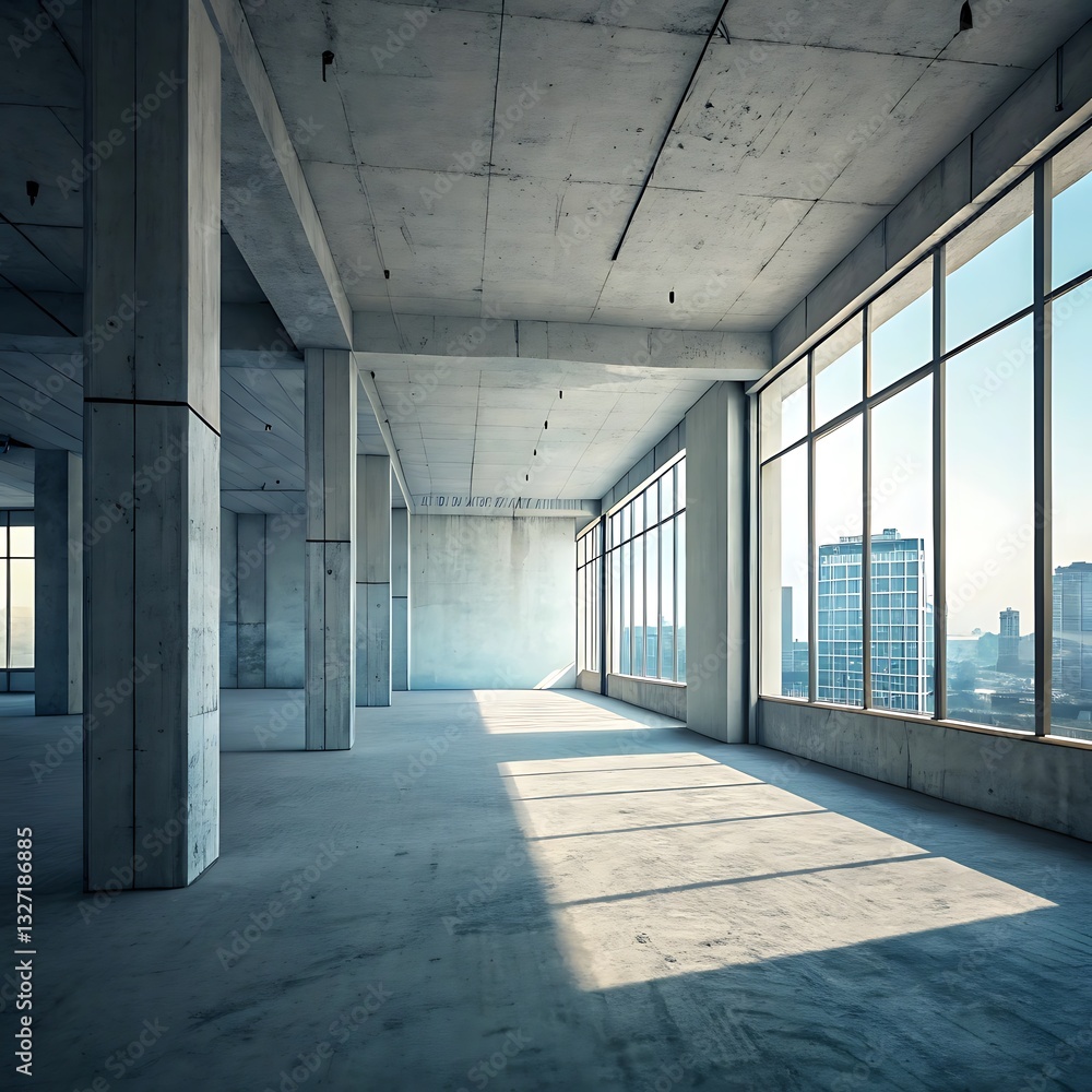 Spacious Industrial Concrete Room with City View: Bright Empty Interior with Large Windows and Natural Light for Minimalist Design..