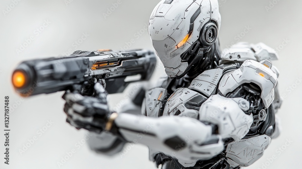 Fototapeta premium Futuristic White Robot Soldier with Weapon