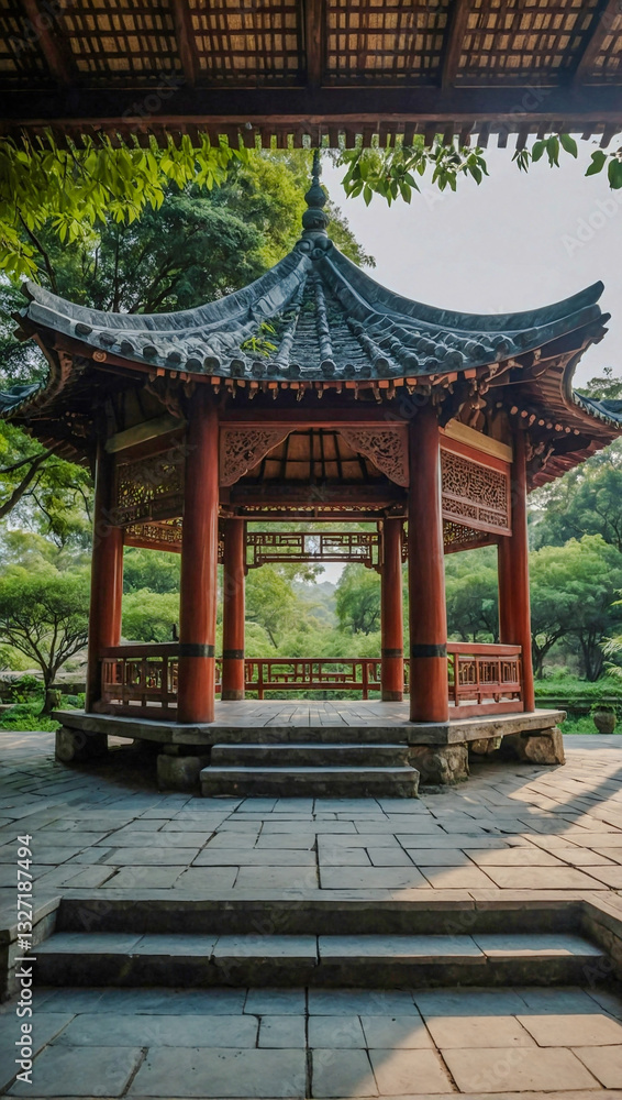 Cultural serenity in a traditional pavilion surrounded by lush greenery, offering a peaceful and symmetrical view. Cultural serenity in a traditional pavilion surrounded by lush greenery, offering a peaceful and symmetrical view.