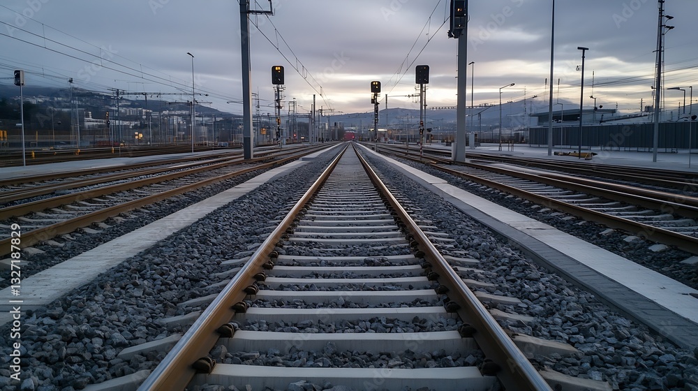 Railroad tracks extending into the distance under a dramatic cloudy sky at dawn : Generative AI Railroad tracks extending into the distance under a dramatic cloudy sky at dawn : Generative AI