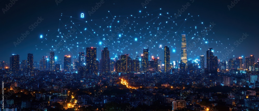 Obraz premium Night Cityscape: Illuminated Metropolis with Network Connections