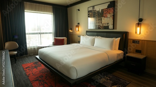 Wallpaper Mural A luxurious hotel-style bed with crisp, white linens, fluffy pillows, and a plush blanket, placed in a modern bedroom with elegant decor and soft lighting. Torontodigital.ca