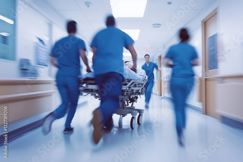 Emergency room: A busy and dynamic scene in the hospital emergency room, with doctors, nurses, and patients in action, highlighting the urgency and critical care environment.Doctor wheeling patient