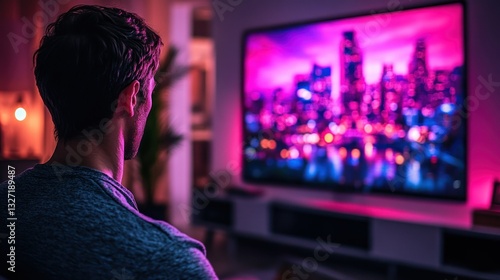 Man Watching Cityscape on a Large Screen TV at Night
