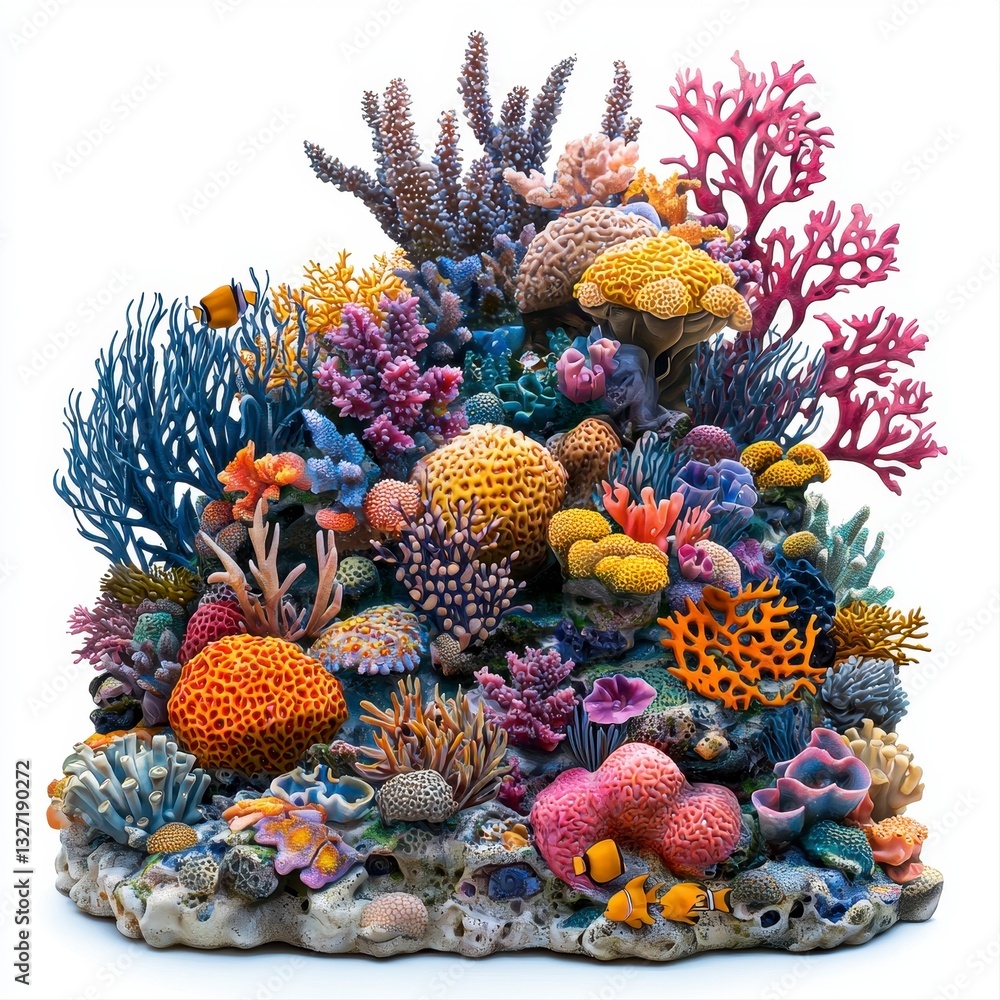 An impressive view of a coral reef filled with diverse marine life and colorful corals captured on a white background An impressive view of a coral reef filled with diverse marine life and colorful corals captured on a white background