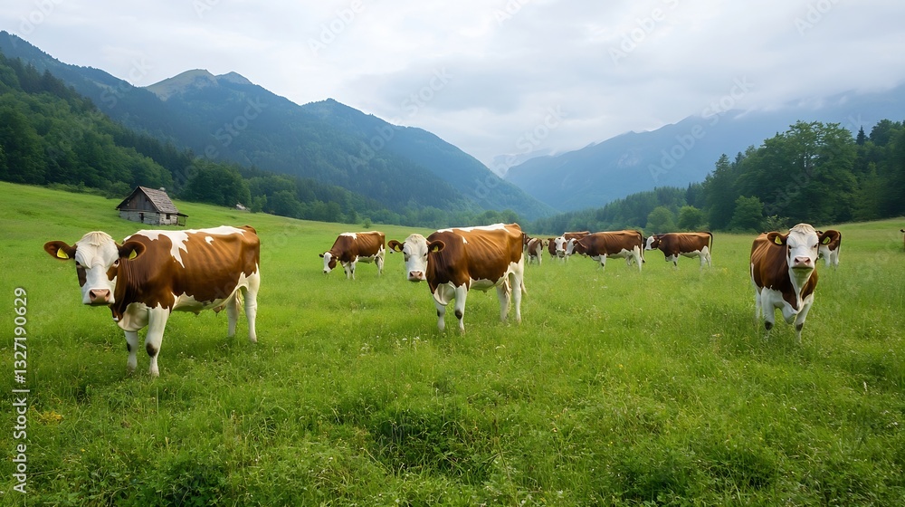 A herd of brown and white cows grazing peacefully in a lush green meadow surrounded by mountains : Generative AI A herd of brown and white cows grazing peacefully in a lush green meadow surrounded by mountains : Generative AI