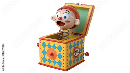 classic jack in box toy springs open, revealing cheerful character with red hat and expressive face. This playful design evokes nostalgia and joy