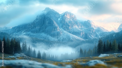 Wallpaper Mural Majestic mountain landscape with mist and trees in the foreground showcasing natural beauty. Generative AI Torontodigital.ca