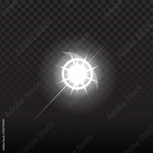 White light circle vector, radiating burst effect.  Bright, glowing light with circular halo.  Transparent background overlay.  Optical, dynamic design.  Perfect for special effects, light enhancement