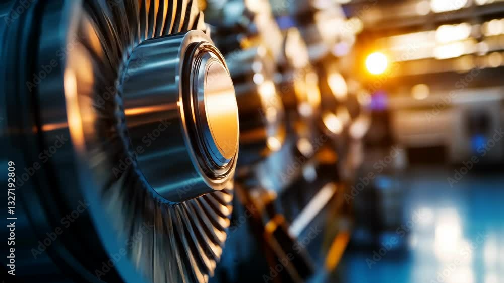 Precision engineering in machinery workshop showcasing intricate metal turbine components during golden hour Precision engineering in machinery workshop showcasing intricate metal turbine components during golden hour