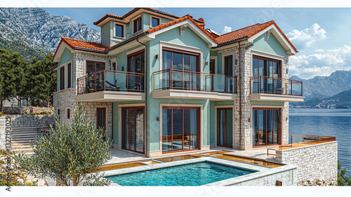 Coastal stone and teal villa with infinity pool and mountain backdrop
