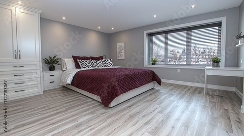 Modern bedroom with burgundy bedding and white furniture on gray walls