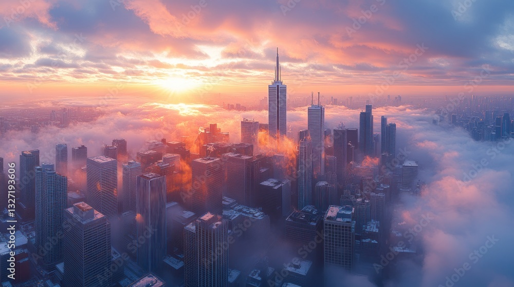 Fototapeta premium City Sunrise Above Clouds