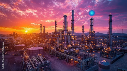 Illuminated Industrial Refinery Complex at Sunset, Aerial View of Oil and Gas Processing Plant with Glowing Towers and Pipelines