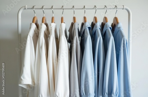 Clothing rack displaying pastel and neutral garments, including T-shirts, blouses in white, blue and grey pastel shades