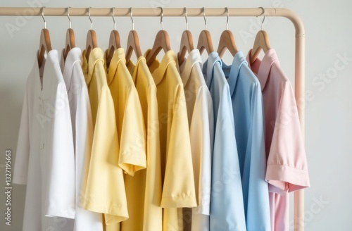 Clothing rack displaying pastel and neutral garments, including T-shirts, blouses in white, blue, yellow, and pink pastel shades