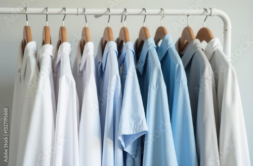 Clothing rack displaying pastel and neutral garments, including T-shirts, blouses in white, blue and grey pastel shades