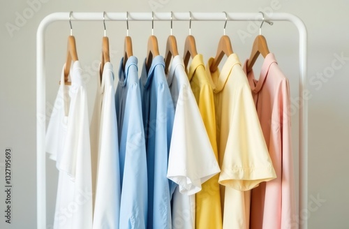 Clothing rack displaying pastel and neutral garments, including T-shirts, blouses in white, blue, yellow, and pink pastel shades
