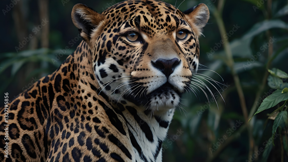 Jaguar Portrait Watching Intently in Lush Green Jungle Environment Jaguar Portrait Watching Intently in Lush Green Jungle Environment