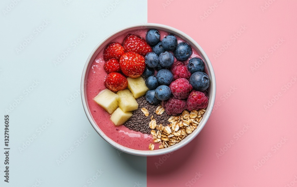 Overhead view of a vibrant smoothie bowl topped with fresh strawberries, blueberries, raspberries, sliced apples, chia seeds, and granola, presented against a pastel pink and blue background Overhead view of a vibrant smoothie bowl topped with fresh strawberries, blueberries, raspberries, sliced apples, chia seeds, and granola, presented against a pastel pink and blue background