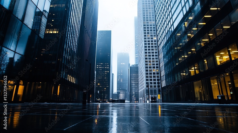 Obraz premium A vibrant cityscape showcasing tall skyscrapers and glass buildings illuminated during a rainy night : Generative AI