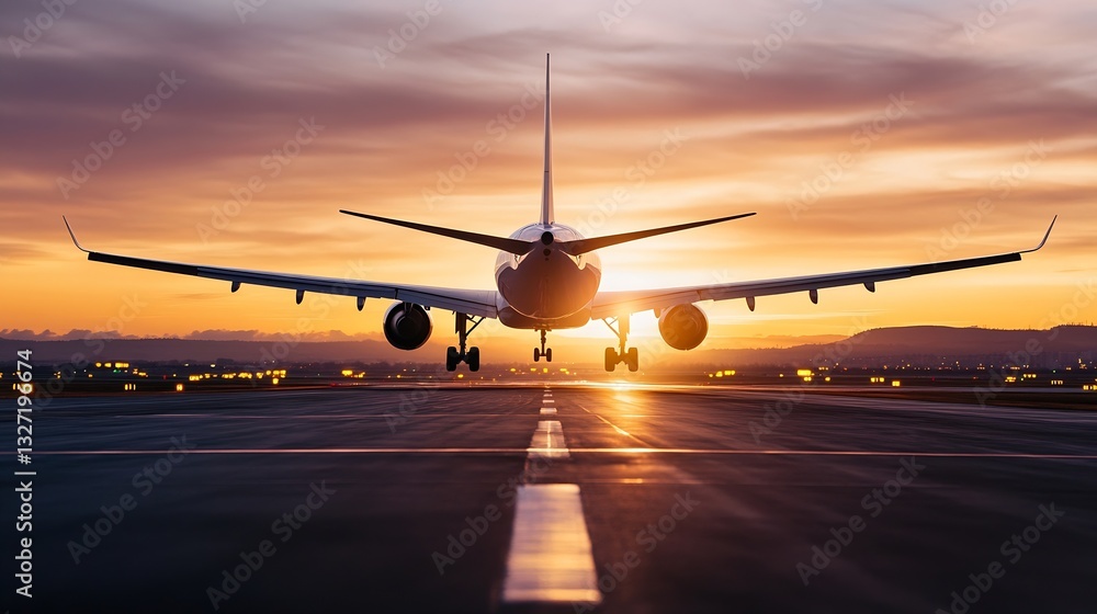 Airplane Taking Off at Sunset with Glowing Sky and Airport Lights Radiating in the Background : Generative AI Airplane Taking Off at Sunset with Glowing Sky and Airport Lights Radiating in the Background : Generative AI