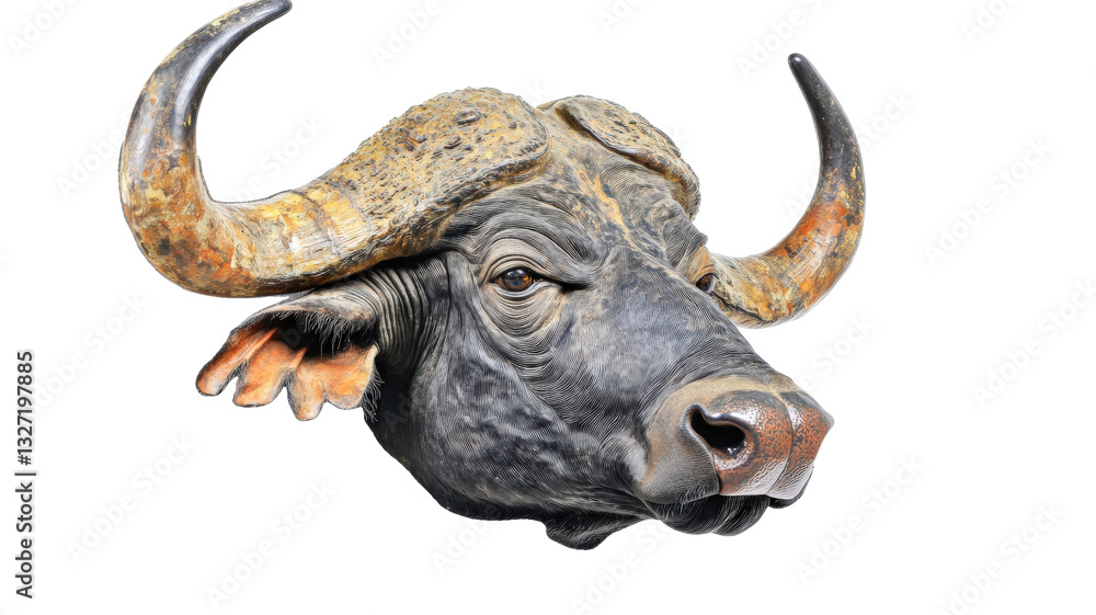 Majestic Buffalo with Large Horns in Profile on White Background transparent background Majestic Buffalo with Large Horns in Profile on White Background transparent background