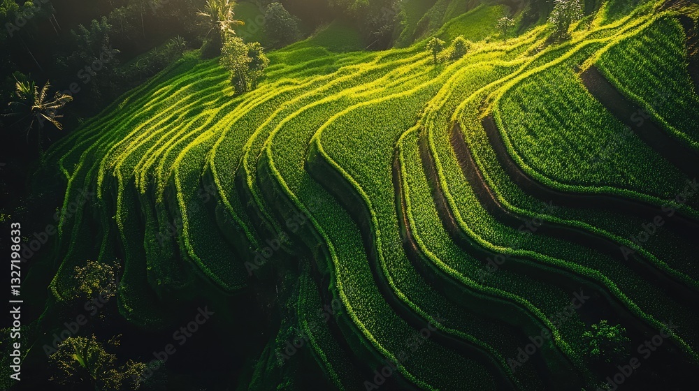 Lush green terraced farmland with irrigation systems promoting sustainable agriculture and water conservation. Lush green terraced farmland with irrigation systems promoting sustainable agriculture and water conservation.