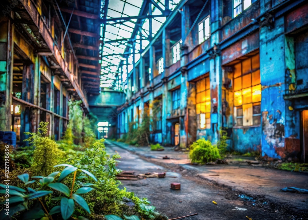 Fototapeta premium Urban Exploration Photography: Blue Blurred Background - Abandoned Building, Decay, Graffiti, Industrial, Cityscape