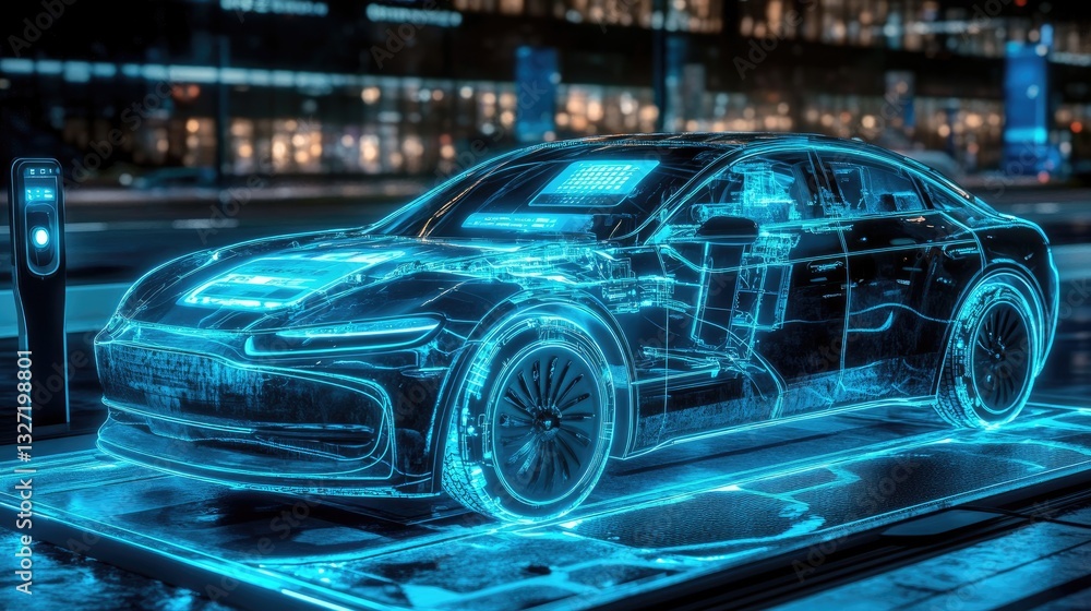 Luxury electric vehicle on a charging platform with a digital holographic dashboard. Luxury electric vehicle on a charging platform with a digital holographic dashboard.