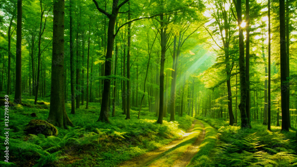 Obraz premium Unlit Green Forest with Ferns and Pathway – Lush Nature Scenery