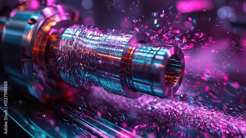 High-Speed Metalworking Precision Machining Process Closeup Showing Rotating Cylinder with Flying Sparks in Vivid Pink and Teal Lighting