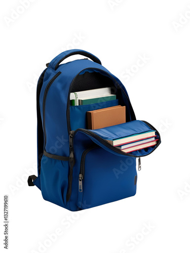 A blue backpack with zippers slightly open, revealing books and stationery inside