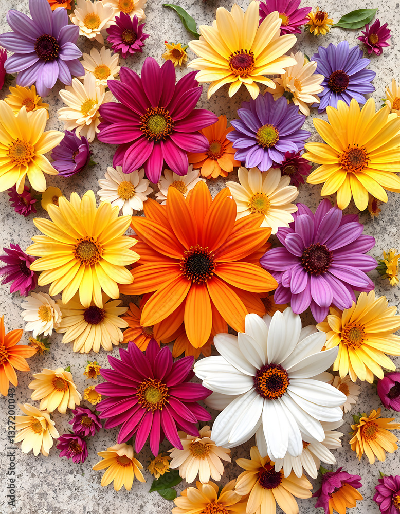 Fototapeta premium Multi-colored flower wall background, grunge. White tone