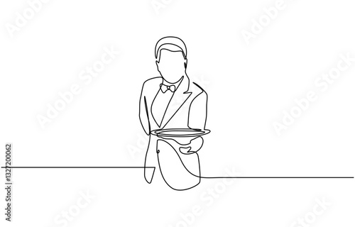 Continuous line drawing of waiters man holding order glass wine on the tray for customer, Waiter stood up with celebrate gesture and brought tray of drinking glasses to offer restaurant guests.
