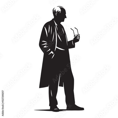 Retired Gentleman Oldman Holding Glasses silhouette, a life of stories in his hands - Oldman illustration - Minimalist Oldman vector - Classic elder
